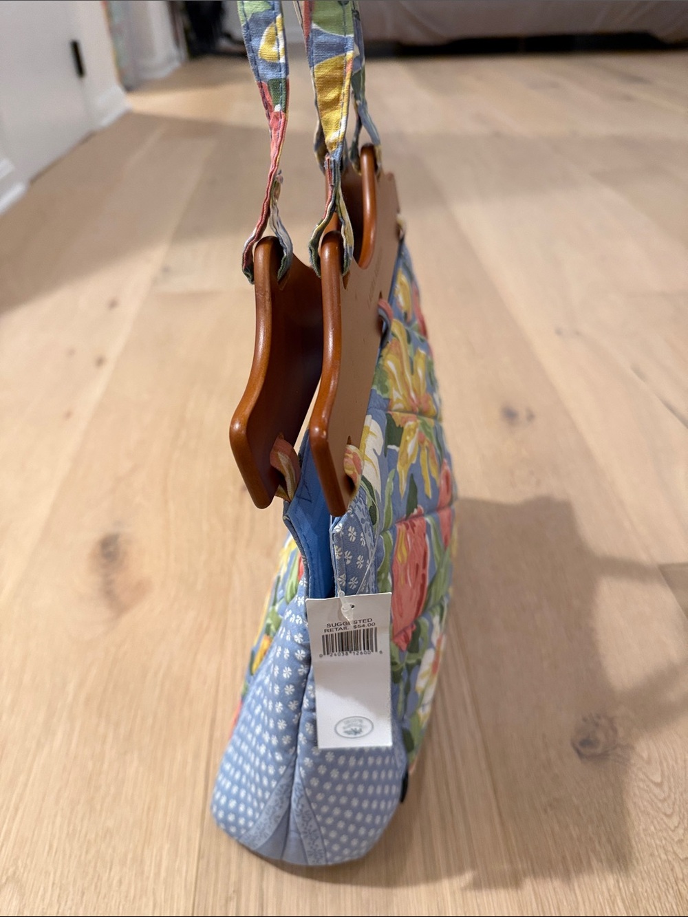 NWT Laura Ashley Floral Cotton Tote in Blue with Pink and Yellow Blooms - Picture 9 of 12